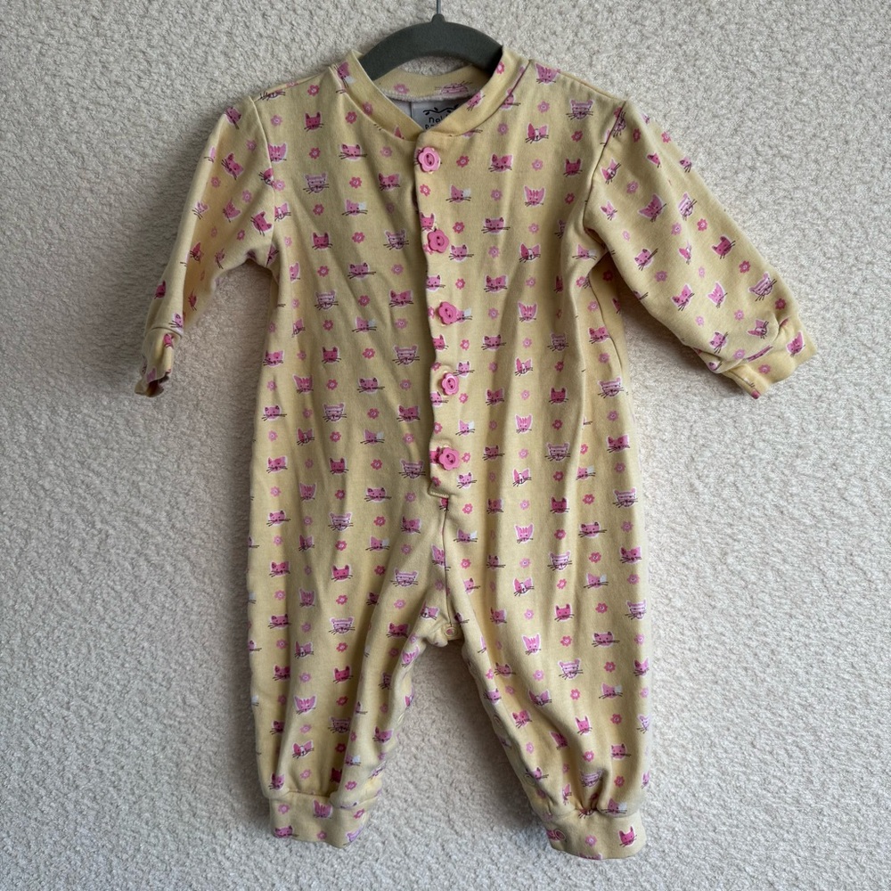 Vintage New Potatoes Yellow‎ and Pink Kitty Floral Romper Size 12 Months
